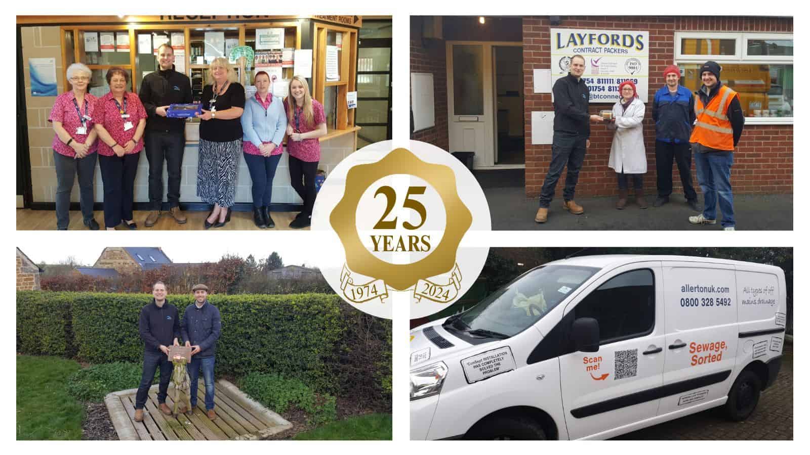 A collage showing our customers for 25 years and our sewage servicing van