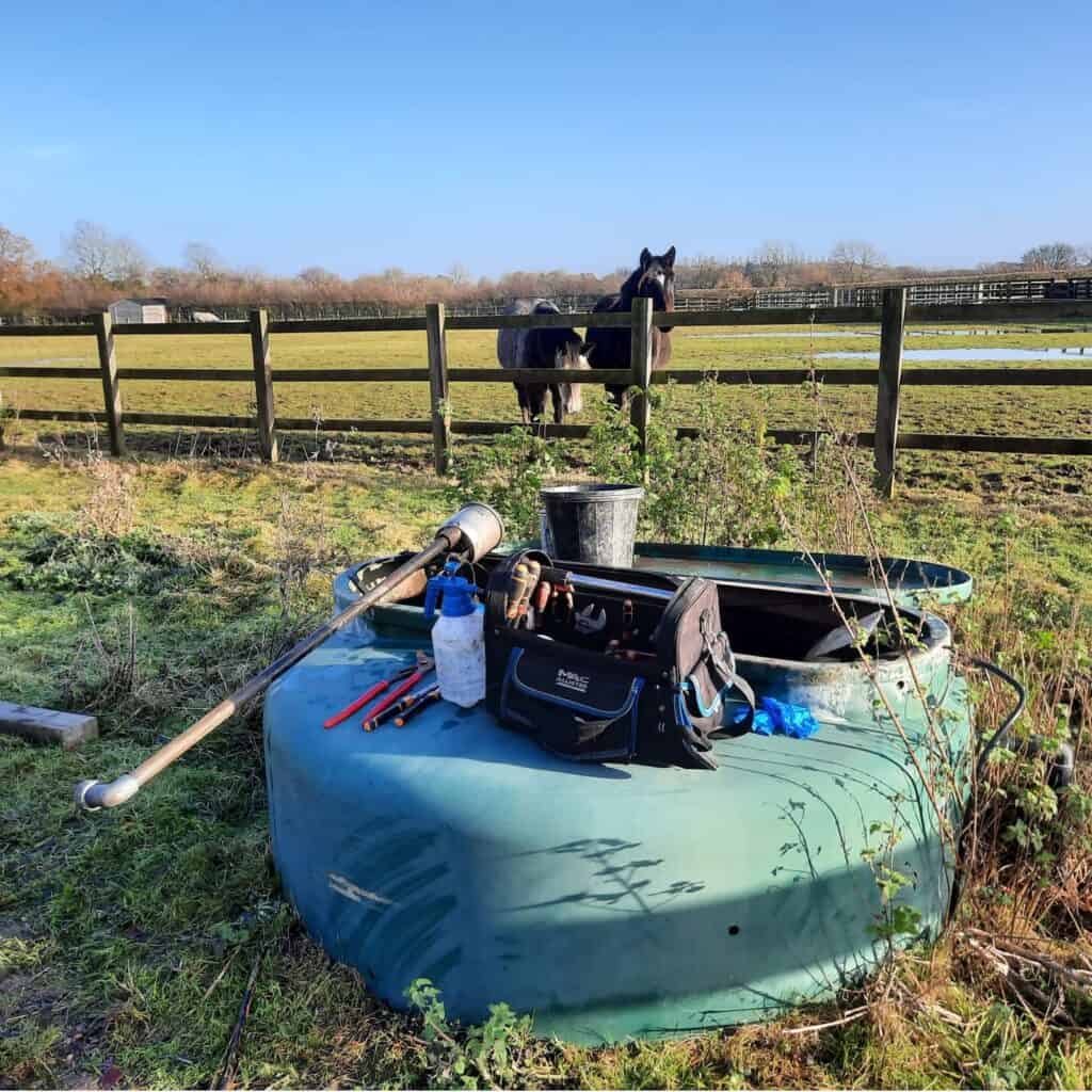 Norfolk sewage treatment system repair being watched by a horse at a horse sanctuary