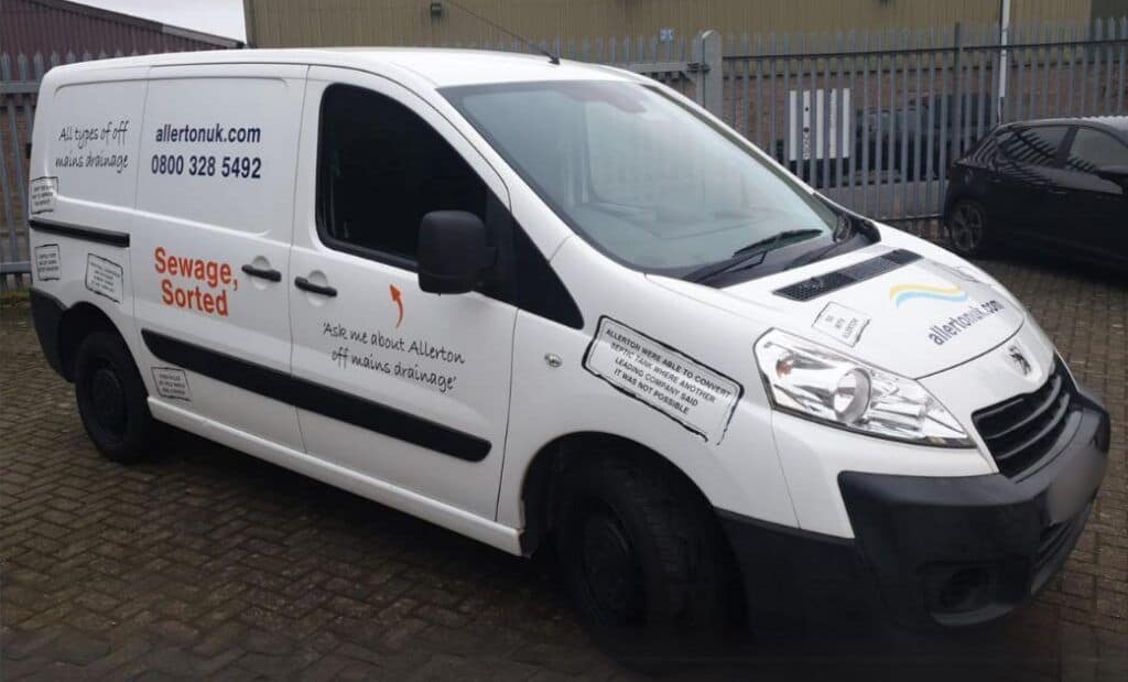 Allerton sewage service engineer white van with logos and reviews decorating the sides